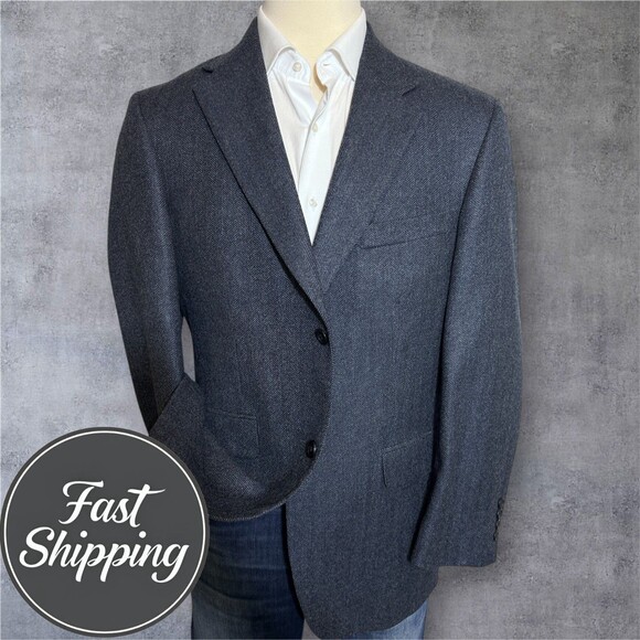 LANDS END Vintage Mans Blazer Sport coat Two button jacket 42R TWEED WOOL Navy - Picture 1 of 13